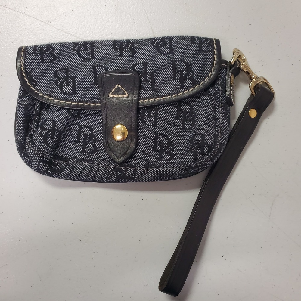 Dooney Bourke Signature Monogram Wristlet Black Leather Flap Designer Classic